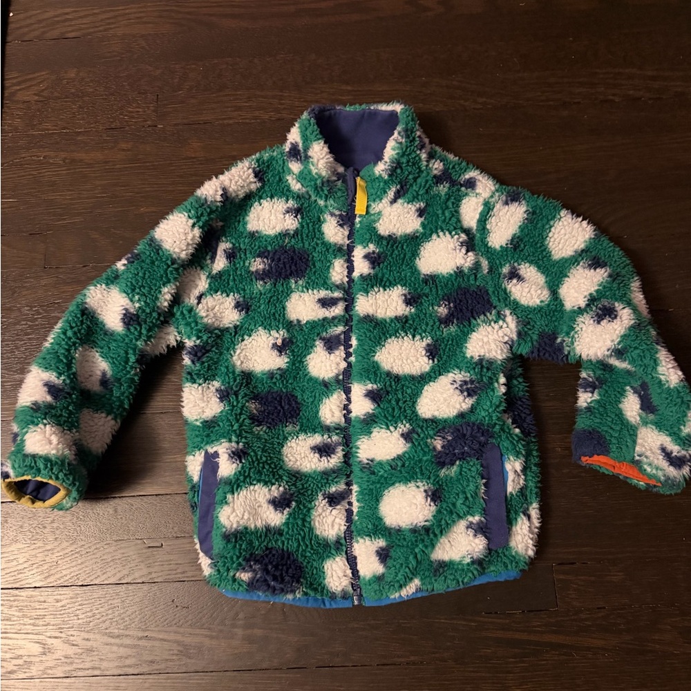 Mini boden boys girls size 3 4 reversible sheep blue green white jacket coat